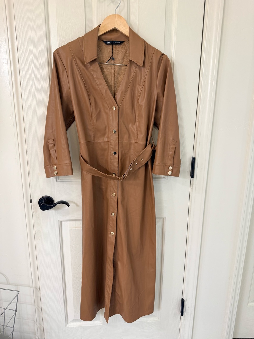 Zara Brown Faux Leather Long-Sleeve Button-Front Midi Dress with Belt